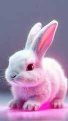 Obraz premium Adorable fluffy white rabbit with pink accents and a floral touch. Cute and playful, perfect for spring, Easter, and pet-themed projects. Trendy, modern design with vibrant colors.