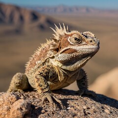 Fototapeta premium Horned Lizard Perched on Rock Against Desert Background