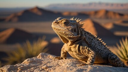 Fototapeta premium Horned Lizard on Sunlit Rock with Spiny Body in Desert