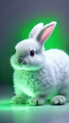 Obraz premium Adorable fluffy white rabbit with pink accents and a floral touch. Cute and playful, perfect for spring, Easter, and pet-themed projects. Trendy, modern design with vibrant colors.