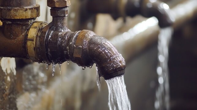 Leaky Old Faucet With Flowing Water. Plumbing Issue, Conservation. Essential Services & Repair Needs. Rust, Moisture On Metal. .