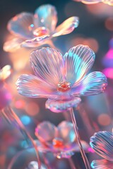 Vibrant Holographic Flowers with Transparent Petals and Soft Glow in Minimalist 3D Rendering