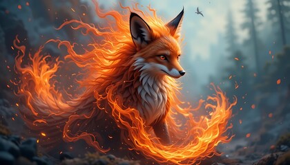 Fiery Fox Spirit Enchanted Forest Digital Art Painting