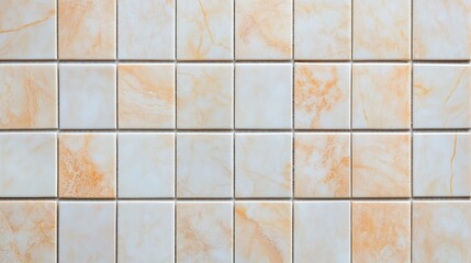 A close-up view of a tiled surface featuring glossy, marbled tiles in soft beige and white hues, suitable for interior design projects, home renovation ideas, or showcasing materials in architecture,