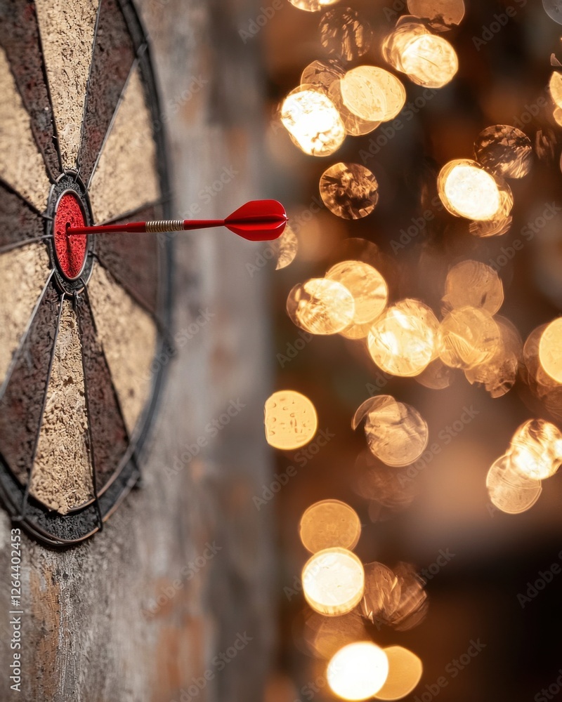 Poster a dartboard with a red dart stuck in the bullseye, surrounded by soft glowing lights, creating a war