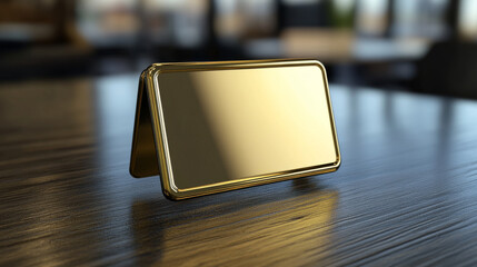 Table card holder, empty name plate. Vector realistic mockup of golden and metal stand for identification tag for events, steel and gold frames for nameplate isolated on gray background