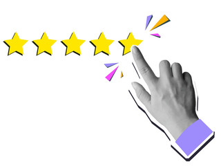 Hand choosing a fifth yellow star. Excellent mark concept. Modern collage style.  Illustration on...