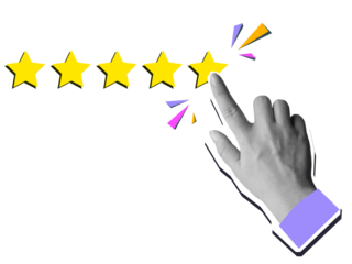 Hand choosing a fifth yellow star. Excellent mark concept. Modern collage style.  Illustration on transparent background