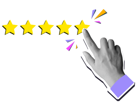 Hand choosing a fifth yellow star. Excellent mark concept. Modern collage style.  Illustration on transparent background