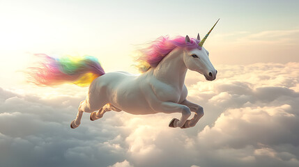 Fototapeta premium Majestic Unicorn Leaping Through Vibrant Clouds in a Dreamlike Sky at Sunset