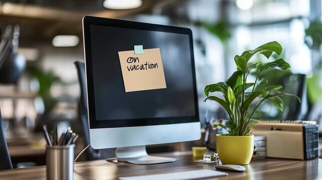 'On Vacation' Sticky Note On Monitor Screen. Office Workplace. Out Of Office Message. Time Off Concept.