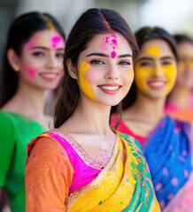 Obraz premium Vibrant Holi festival scene with smiling women in colorful attire and bright powders