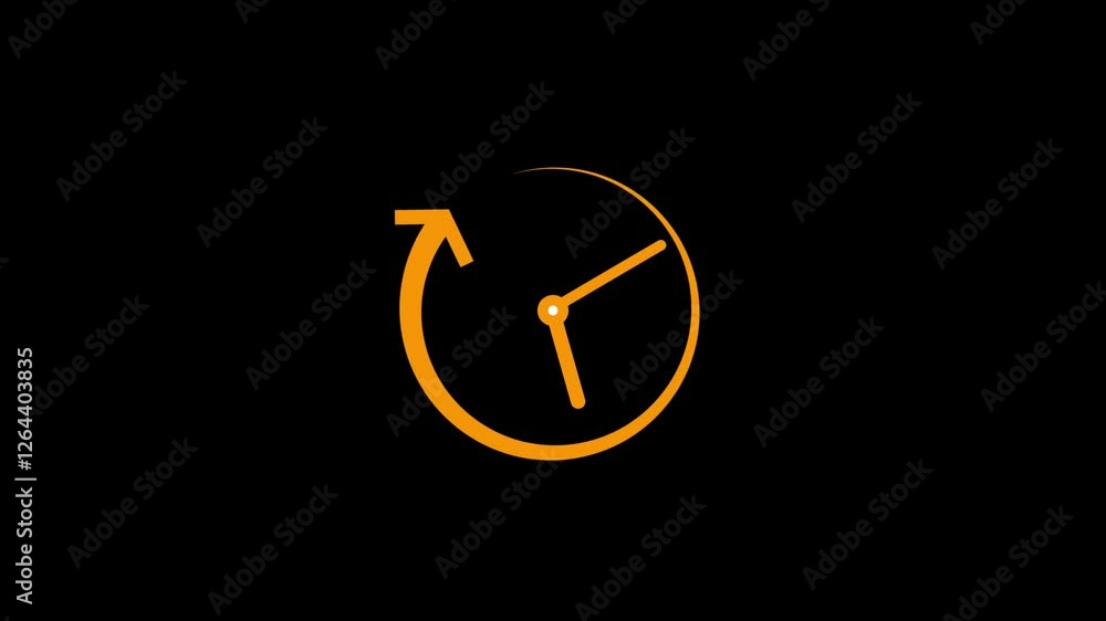 Poster analog sing clock icon animation coral color on black screen with circle arrow animation.