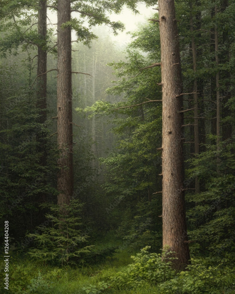 Poster a serene forest scene featuring tall trees shrouded in mist, creating a tranquil and mystical atmosp