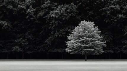 Single Glowing Tree In Dark Forest With Monochromatic Field