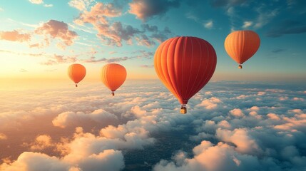 Naklejka premium Aerial Panorama Sunrise Hot Air Balloons Flight Adventure Over Cloudscape