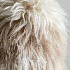 Shaggy white-and-brown fur detailed intricately with fluffy textures and natural tones.