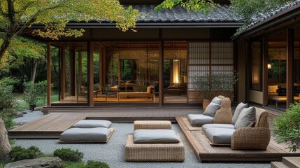 Relaxing outdoor seating area complements a traditional japanese style home