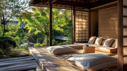 Obraz premium Serene japanese room opens to lush green garden view