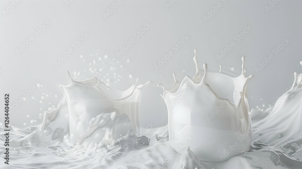 Poster dynamic splashes of white liquid create an artistic display against a soft gray background