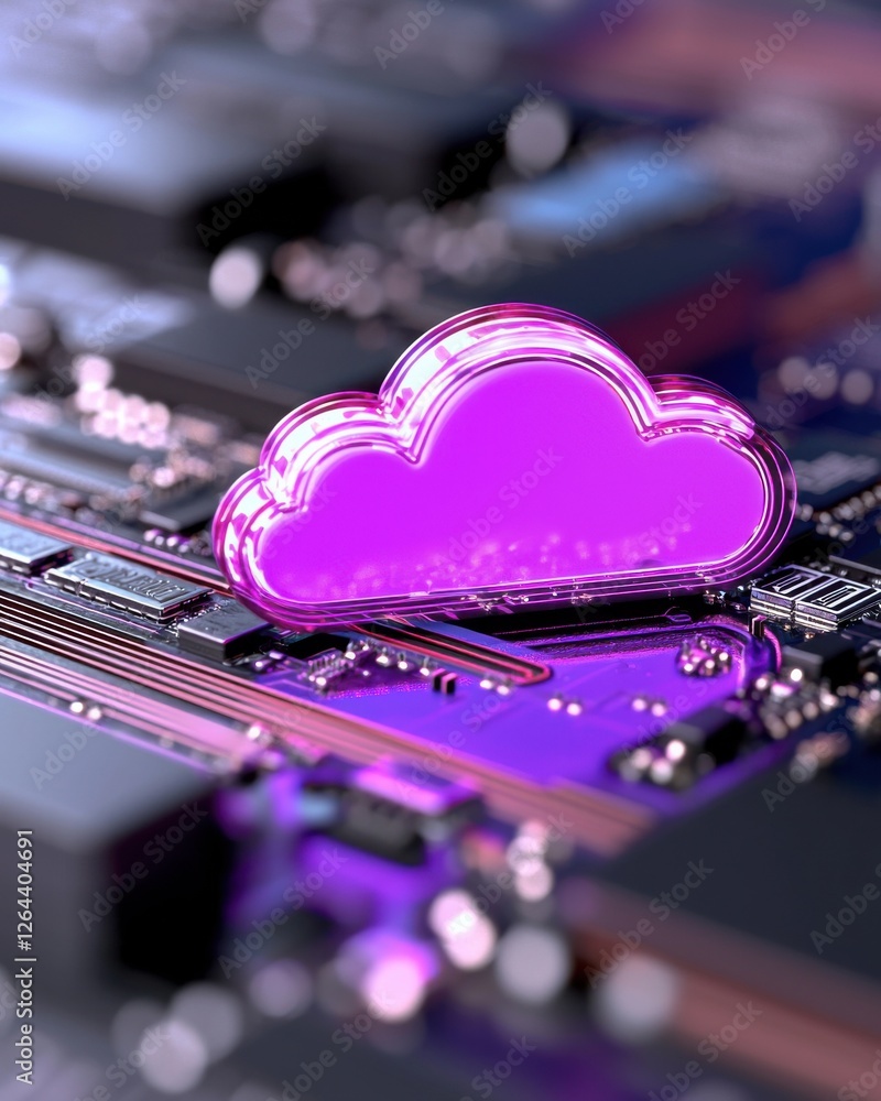Poster a stylized purple cloud icon is embedded on a circuit board, symbolizing digital technology and clou