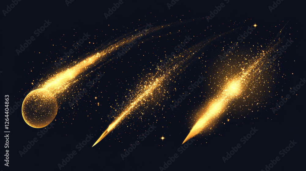 Aufkleber gold star with curve trail line on dark transparent background. realistic vector illustration set of