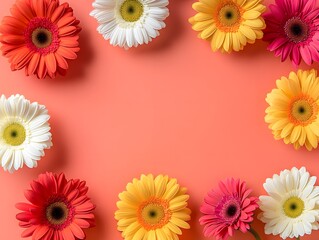 Colorful gerbera flowers on a coral background. Happy Mother's Day concept. Greeting card design template.