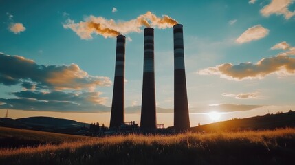 Tall industrial smokestacks releasing smoke at sunset against a clear sky and grassy landscape