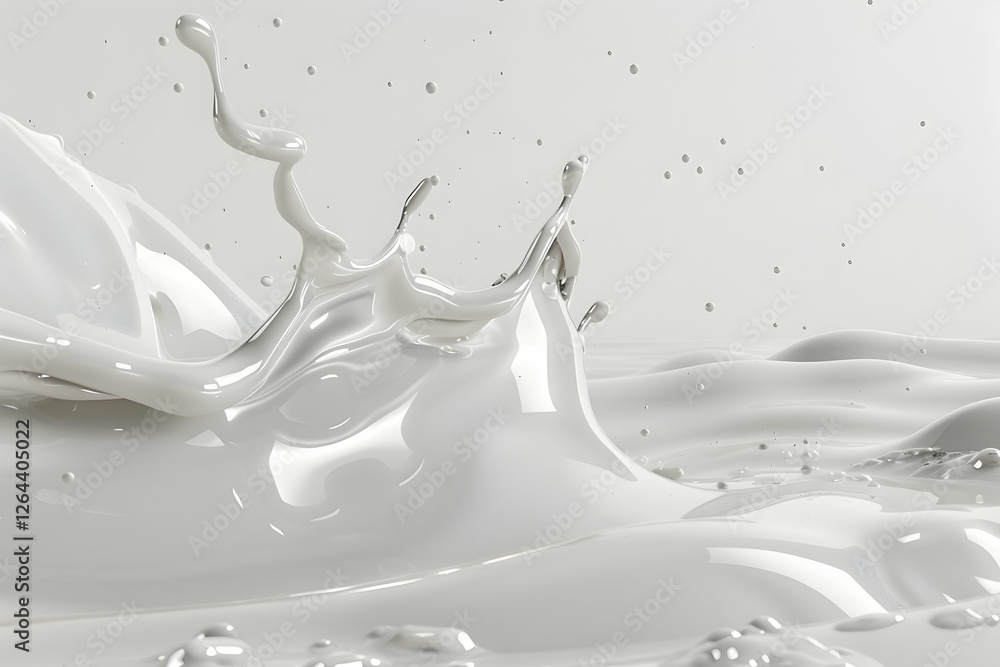 Poster dynamic splash of white liquid creating fluid waves against a minimalist background, ideal for artis