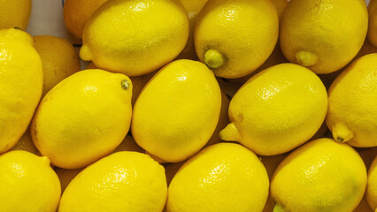 A vibrant market scene showcasing a pile of fresh lemons, their bright yellow color attracting attention. Perfectly ripe and juicy, these lemons are ready for sale, embodying freshness and flavor.