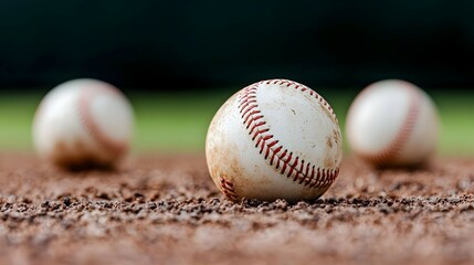 Closeup of Three Dirty Baseballs on a Baseball Field