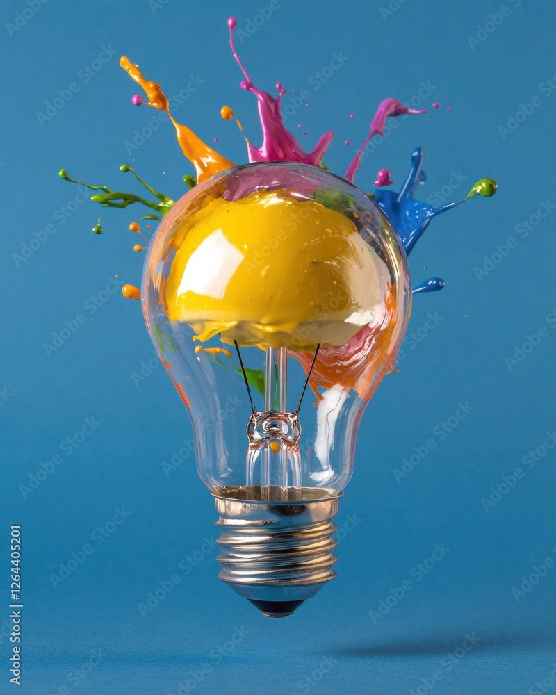 Poster a vibrant light bulb with a yellow center is exploding with colorful paint splashes against a blue b