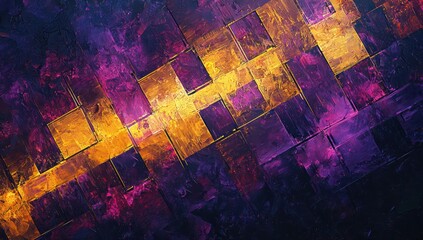 Neon rectangles in golden-yellow and purple overlay in a wave-like pattern over shadowy cyberspace.