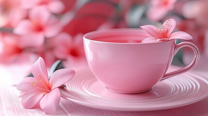 Delicate pink tea cup surrounded by beautiful flowers in a soft pink setting