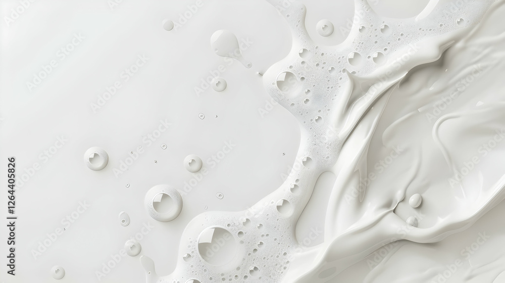 Poster abstract representation of flowing white liquid with bubbles and splashes on a smooth surface