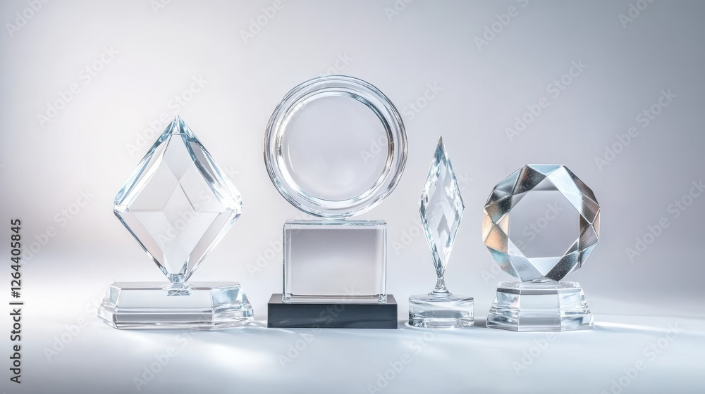 Poster glass transparent trophy mockup with empty acrylic shape on base. realistic vector set of round, rho