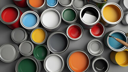 Open different colors paint cans on grey background, top view, AI 
