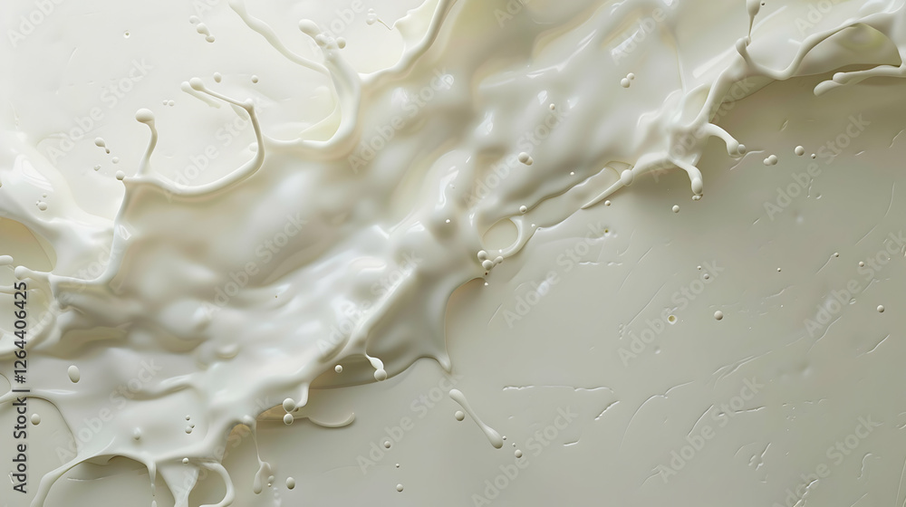 Poster splash of milk creating dynamic patterns against a smooth white background, evoking freshness and pu