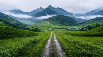 Fototapeta premium Mountain road leads to village, misty peaks. Travel poster