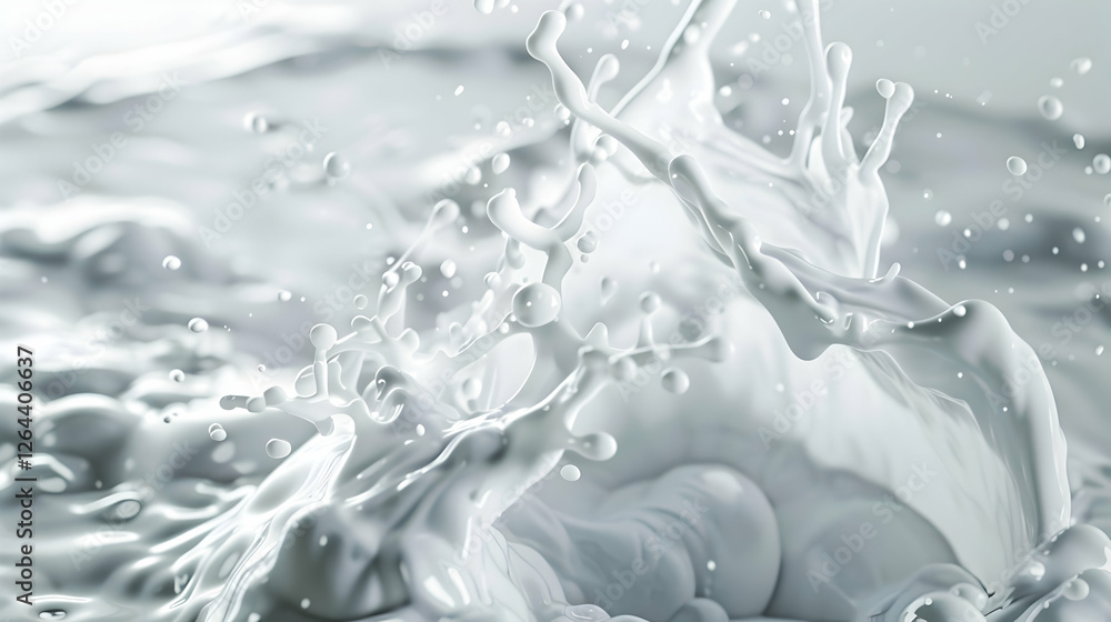 Poster close-up of white liquid splashing in dynamic motion, creating an abstract water effect