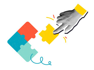 A hand moves a puzzle piece. Modern photo collage style. Illustration on transparent background