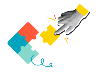 A hand moves a puzzle piece. Modern photo collage style. Illustration on transparent background