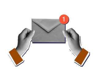 Blank and white hands holding an envelope with a unread message notification. Modern collage style....