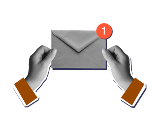 Blank and white hands holding an envelope with a unread message notification. Modern collage style. Illustration on transparent background