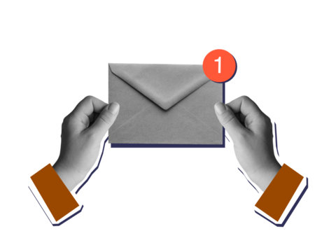 Blank and white hands holding an envelope with a unread message notification. Modern collage style. Illustration on transparent background - Powered by Adobe