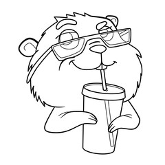 Hamster drinks juice from a plastic glass with a straw. Cartoon Illustration on transparent background