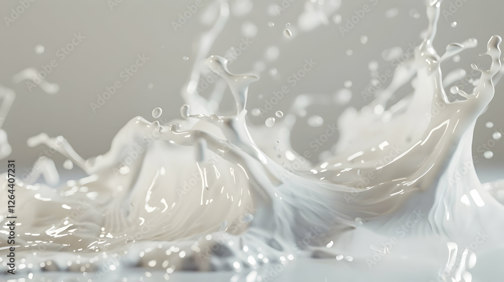 Poster dynamic splash of white liquid creating intricate patterns against a soft background, capturing move