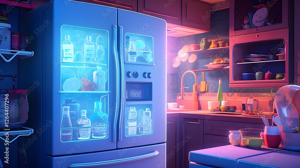 Poster futuristic smart refrigerator showcasing digital inventory display of stored groceries and food item