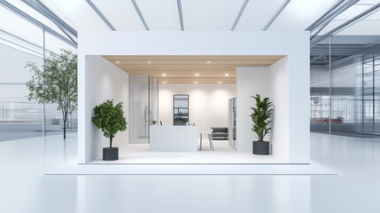 3d booth stand for trade show. Blank room mockup with white walls, floor and table in front and corner view. Empty presentation stall for exhibition, vector realistic set