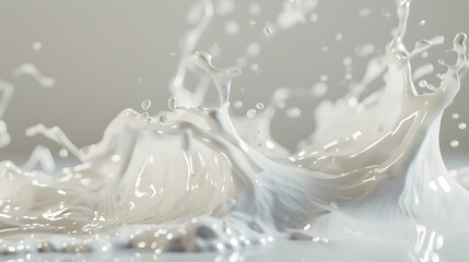 Dynamic splash of white liquid creating intricate patterns against a soft background, capturing movement